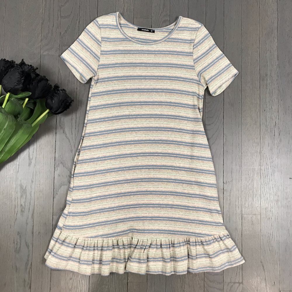 Annabelle Short Sleeve Striped Ruffle A Line Dress - Picture 1 of 7